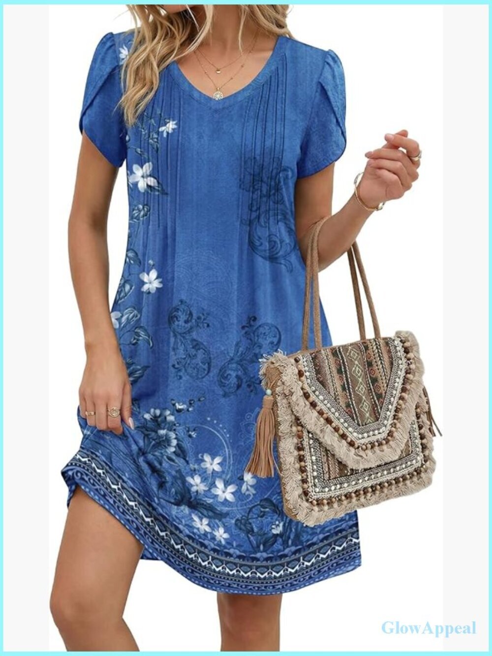 V Neck Pleated A Line Dress Boho Sundress Casual Work Dress